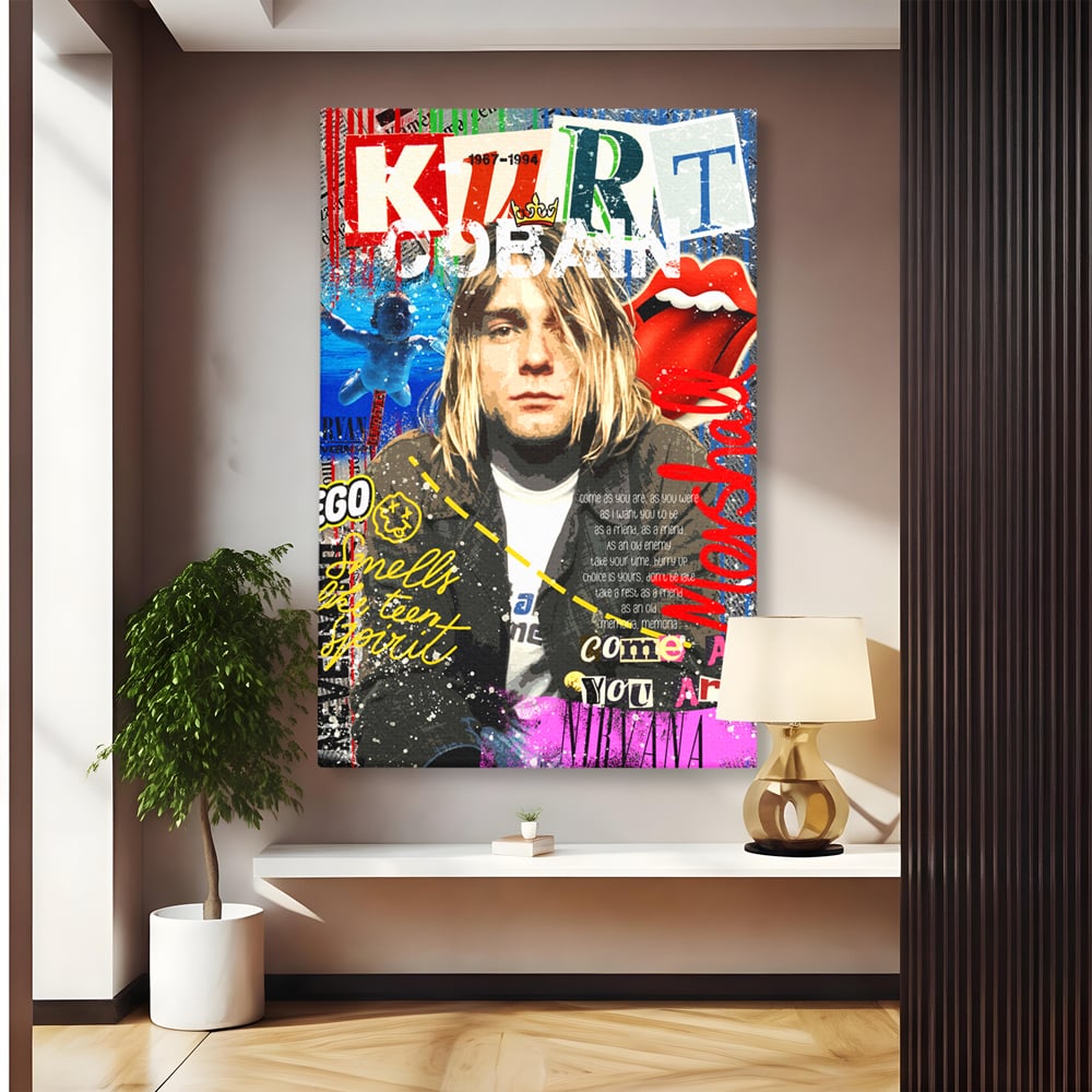 Tablou canvas cu tablou canvas cu portretul lui kurt cobain, fara rama, pe sasiu de lemn